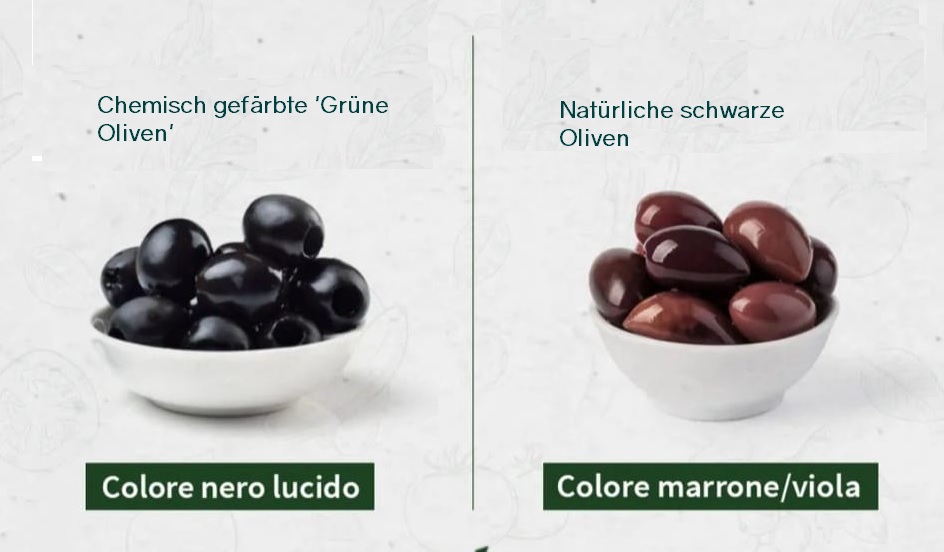 Chemisch gefärbte 'Grüne Oliven' vs natürliche schwarze Oliven